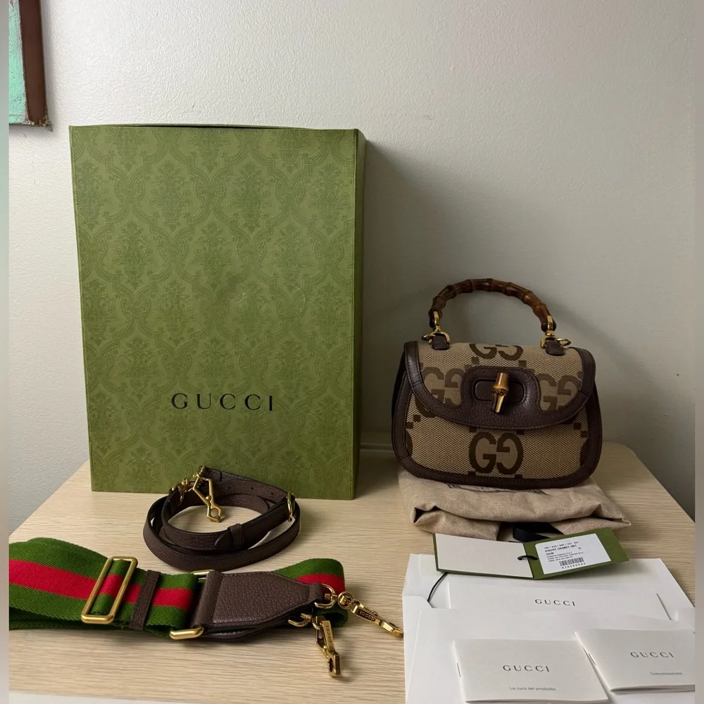 Gucci Brown Tan GG Canvas Bamboo Top Handle Shoulder Bag with Green Red Strap